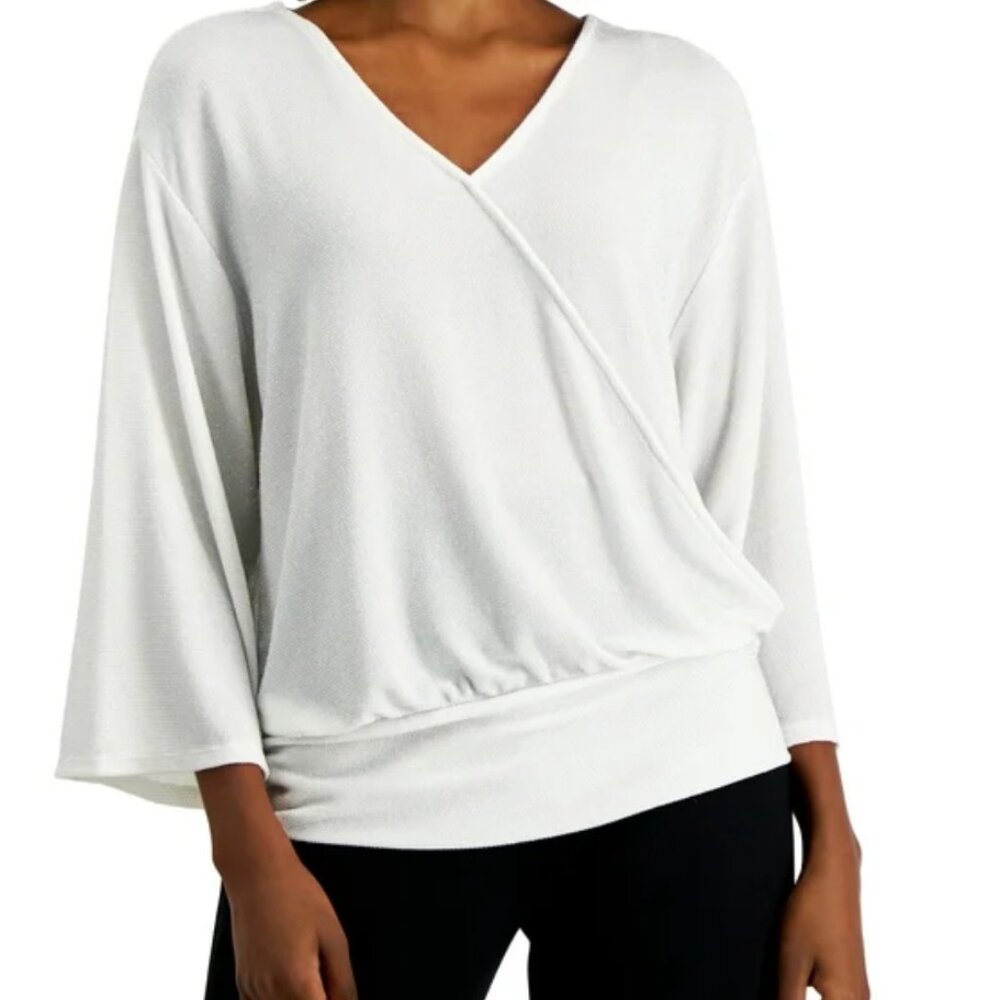 NEW! JM Collection Faux Wrap Top PM $54.50 V-Neck 3/4th Wide Sleeves Neo Natural